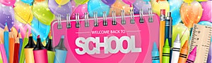 Welcome back to school banner or website header with realistic education supplies.