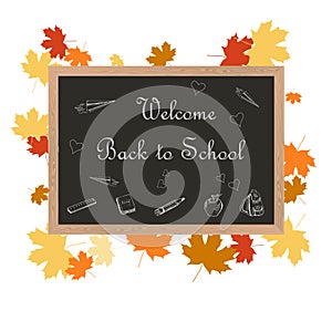 Welcome back to school banner. White lettering on black dashboard in wood frame,
