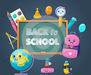 Welcome back to school blackboard with character funny smile