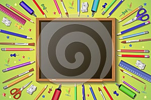 Welcome back to school in blackboard with school items and elements.3D Realistic Title Poster Design. Vector