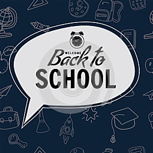 Welcome Back to school bubble poster, pencils, clock alarm clock, retro. Background template