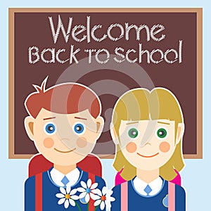 Welcome back to school card with a boy, a girl and flowers