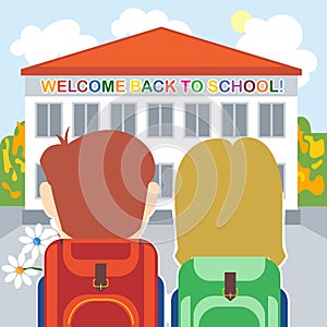 Welcome back to school card with a boy, a girl and flowers in front of the building