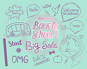 Welcome Back To School card. Vector children`s hand drawn illustration in modern colors.