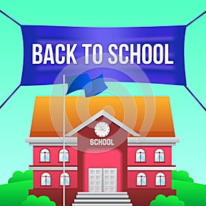 Welcome back to school with cartoon illustration of school building with blue flag