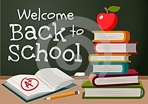 Welcome back to school chalk text on blackboard, stack of books, apple, pencil, open exercise book with A plus mark simple vector