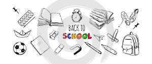 Welcome back to school collection. vector hand drawn elements. School supplies. Books, notebook, copybook, backpack