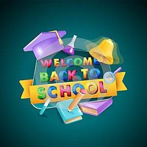 Welcome back to school Colorful text on the blackboard with school subjects and elements book, bell, magnifying glass