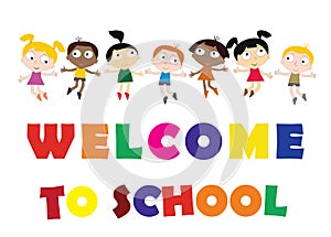 Welcome Back to school concept with childrens, chalkboard and Co