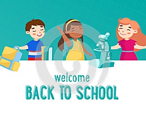 Welcome Back to School Concept. Little Kids Schoolers or Preschoolers with Books, Rucksack and Microscope Waving Hand