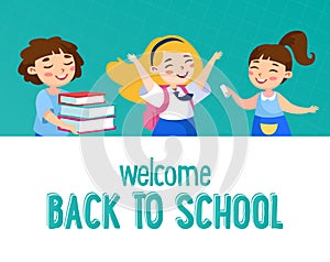 Welcome Back to School Concept. Little Kids Schoolers in Uniform Rejoice with Books, Rucksack and Chalk, Waving Hand