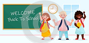 Welcome back to school concept. Smiling kids with backpacks in the classroom with chalkboard and clock.Flat cartoon style vector