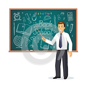 Welcome back to school concept. Smiling teacher with pointer stick standing in front of school chalkboard