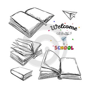 Welcome back to school concept, Vector hand drawn illustration. Chalkboard lettering. Typography. Sketch style