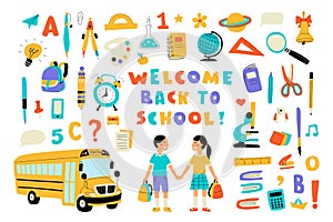 Welcome back to school, cute doodle colorful set with lettering. Hand drawn vector illustration, isolated on white