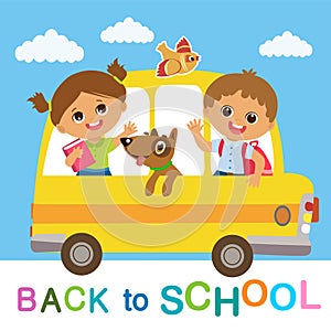 Welcome Back To School. Cute School Boy And Girl Riding On School Bus.