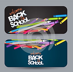 Welcome back to school design banner card with realistic colorful pencils and crayons.