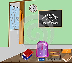Welcome back to school design with school items and elements. Vector illustration banner.class room illustration