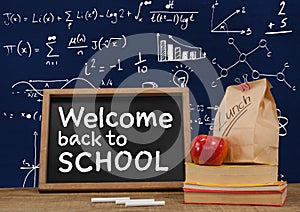 Welcome back to school Desk foreground with blackboard graphics of math equations