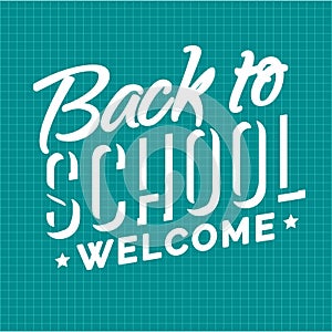 Welcome back to school emblem white color on checkered background. School shopping.