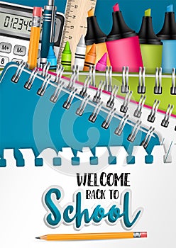 Welcome back to school flyer or brochure with torn out sheet of papar as a background and realistic 3d study items photo