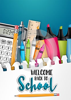 Welcome back to school flyer or brochure with torn out sheet of papar as a background and realistic 3d study items photo