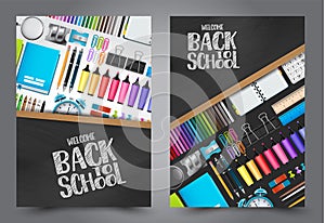 Welcome back to school flyer with colorful 3d realistic stationery.