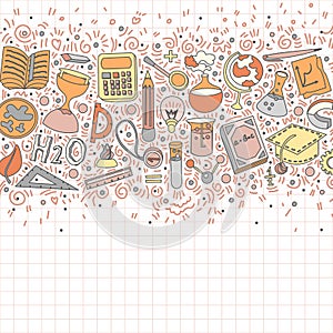 Welcome Back to School Hand Drawn Supply doodles background. Vector illustration of cartoon back to school supplies