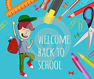 Welcome back to school.Happy boy and stationeries isolated on blue background. photo