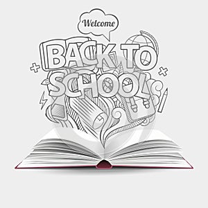 Welcome back to school idea gray, monochrome doodles icons and open book. Vector illustration. Can be used for workflow layout, s