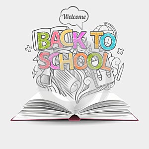 Welcome back to school idea gray, monochrome doodles icons and open book. Vector illustration. Can be used for workflow layout, st