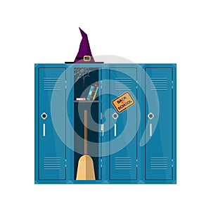 Welcome back to school illustration. Flat vector witch clipart with cupboard with books and broom. School locker
