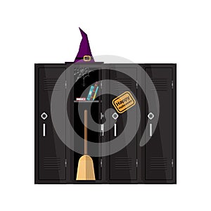 Welcome back to school illustration. Flat vector witch clipart with cupboard with books and broom. School locker
