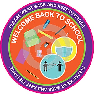 Welcome back to school, keep your distance, round Vector illustration sign for post covid-19 Coronavirus pandemic