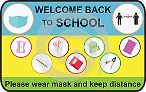 Welcome back to school, keep your distance, yellow round Vector illustration