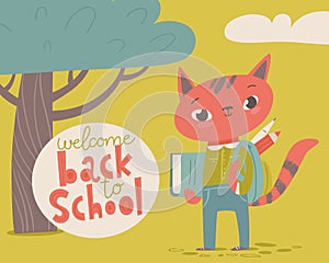 Welcome back to school poster with cartoon animals. Baby cat with a book