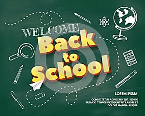 Welcome back to school poster with chalkboard background and doodles