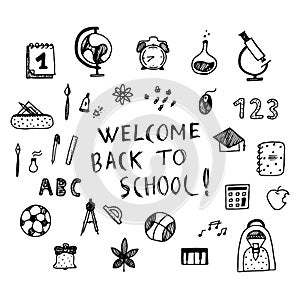 Welcome back to school poster. Hand drawn vector illistration.