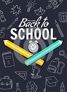 Welcome Back to school poster, pencils, clock alarm clock, retro. Background template
