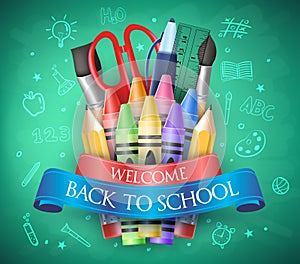 Welcome Back To School with Ribbon, Crayons and School Items