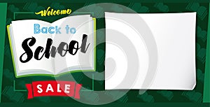 Welcome Back to School SALE lettering on open book board