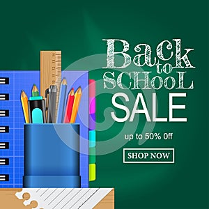 Welcome back to school sale offer template. Blue pencil case with stationary and book