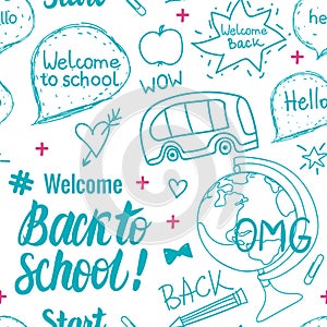 Welcome Back to school seamless pattern. Vector hand draw set elements isolated on white background.