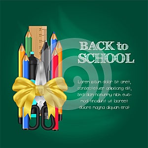 Welcome back to school with stationary pencil, ruler, scissors with golden ribbon gift