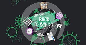Welcome back to school text against coronavirus concept icons on black background