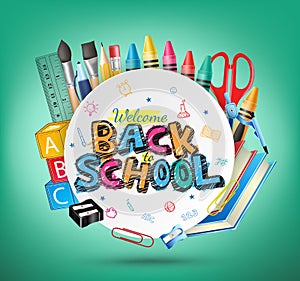 Welcome Back to School Text and School Items in Green Background