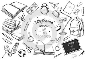 Welcome back to school vector collection. hand drawn elements. School supplies. Books, notebook, copybook, backpack, lamp, alarm c