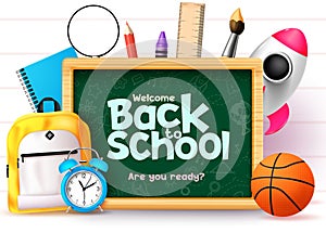 Welcome back to school vector design. Back to school text in green chalk board, school bag