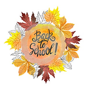 Welcome back to school vector illustration with watercolor autumn leaves.