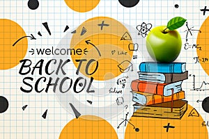 Welcome Back to school web banner, apple and doodle on checkered paper background, vector illustration.